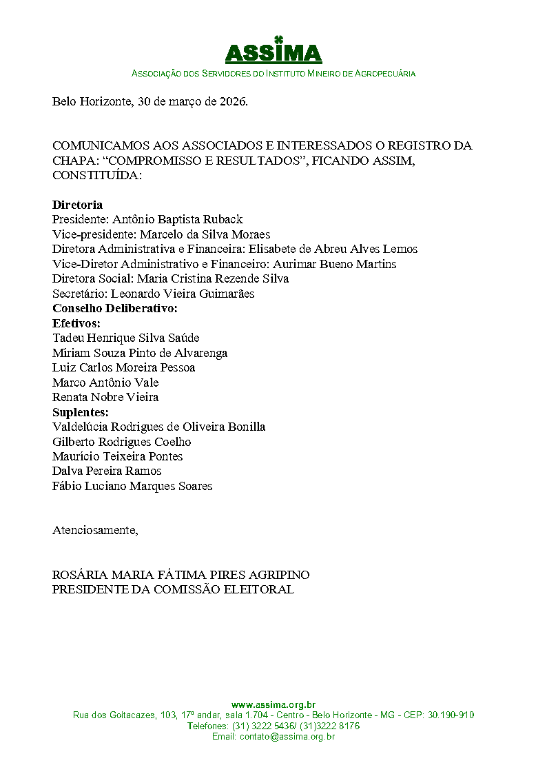 Assima - COMUNICADO DE REGISTRO DE CHAPA