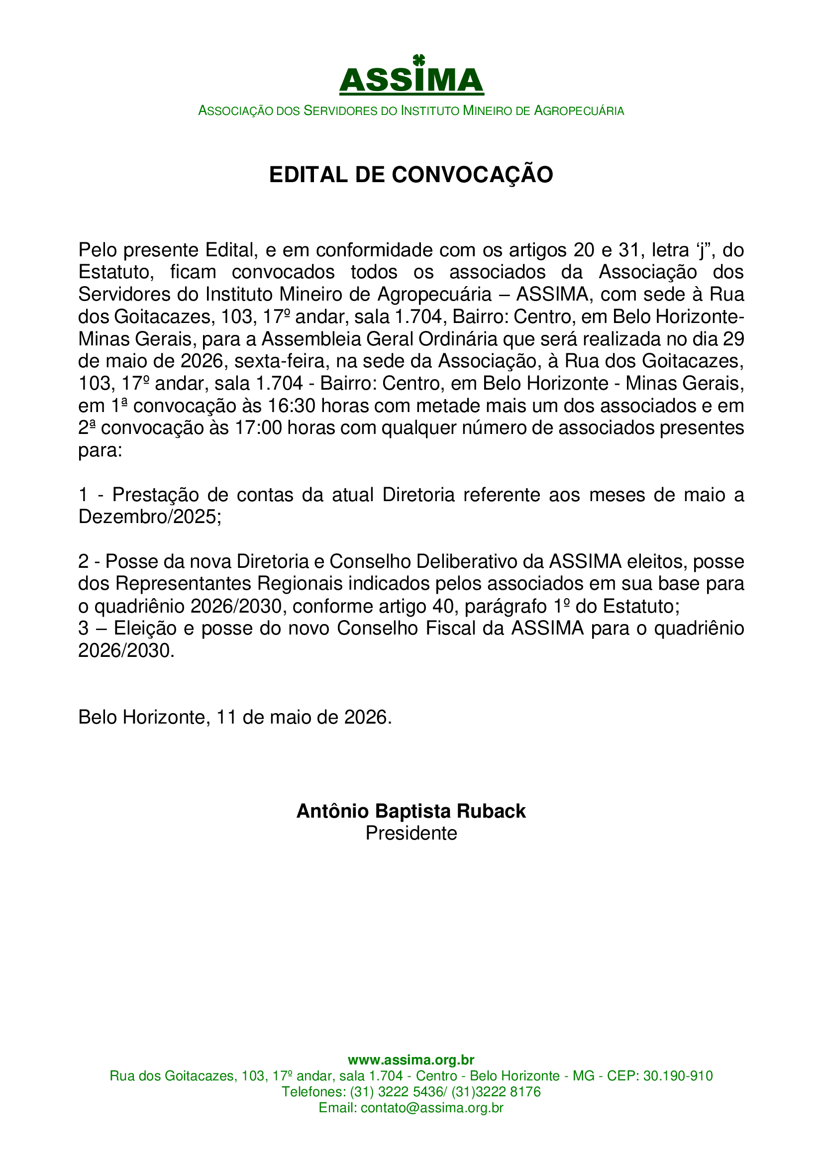 Assima - Edital de Convocação para Assembleia de Posse de Diretoria e Conselhos